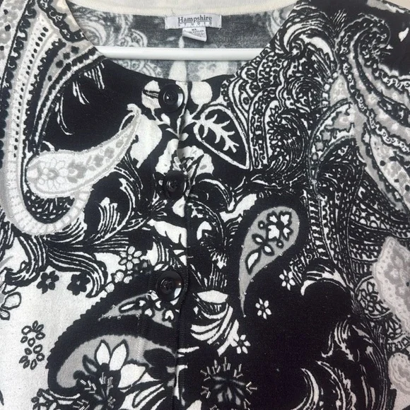 💛 Hampshire Studio Black and White Paisley Embellished Cardigan Open Sweater - Picture 2 of 9
